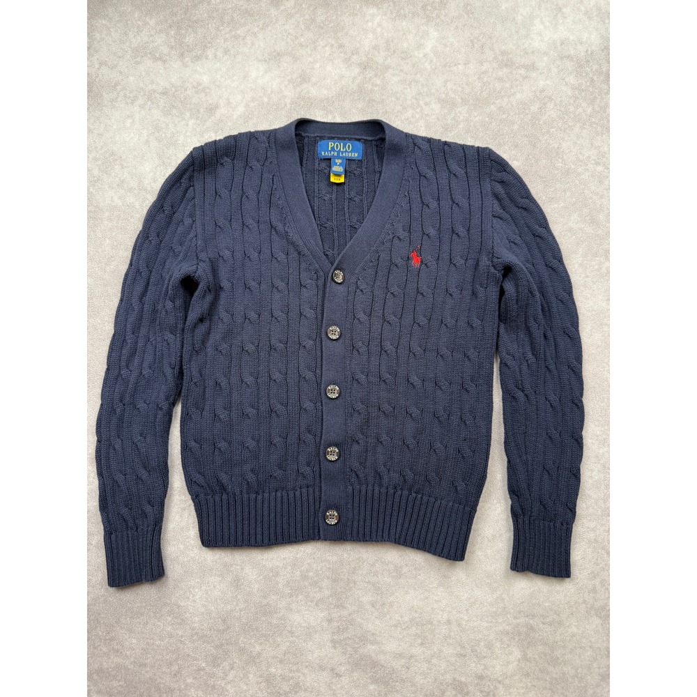 Polo Ralph Lauren Kids S 8 Navy Blue Cable Knit Cardigan Sweater Red Pony Preppy